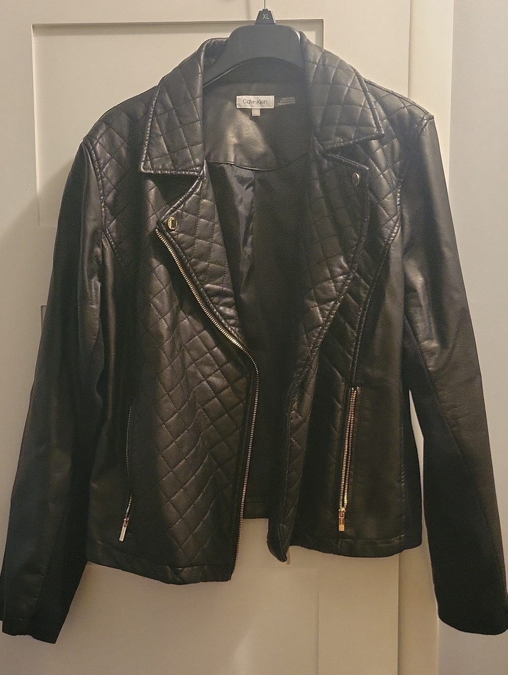 Calvin Klein Black Quilted Faux Leather Moto Jacket w/ Gold Hardware Never Worn